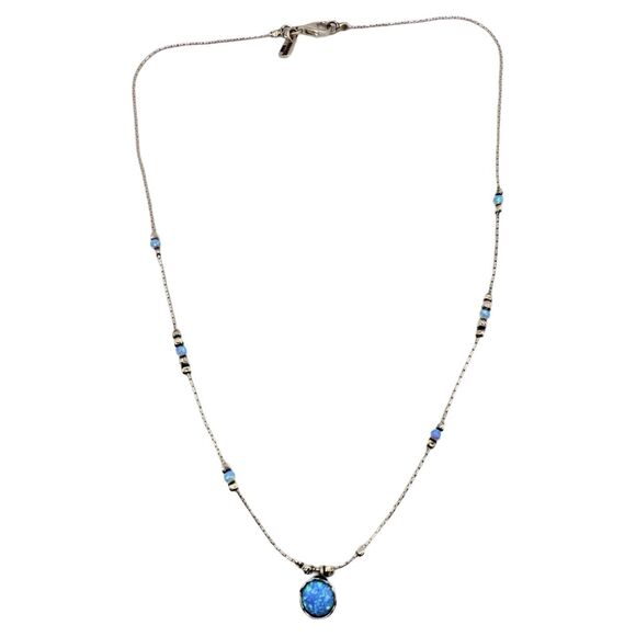 925 Sterling Silver Blue Fire Opal Pendant Necklace 19" Dainty Artisan Israeli - Picture 6 of 13